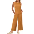 Ekouaer Women's Lounge Sets Fashion 2 Piece Pajamas Sleeveless Tank Crop Top Capri Wide Leg Pants Outfits with Pockets, Brown, Small