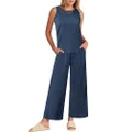 Ekouaer Women's Pajamas Fashion 2 Piece Lounge Sets Sleeveless Tank Crop Top Capri Wide Leg Pants Outfits with Pockets, Navy Blue, X-Large