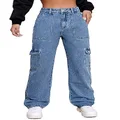Metietila Women's High Waisted Cargo Jean Pants Stretch Straight Legs Jeans Denim Pants Trendy, C-denim Blue, X-Large