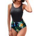 Tempt Me Women One Piece Tropical Printed Swimsuit Cutout Zip Monokini Black XL