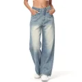 DZIEDZIC Women's High Waisted Wide Leg Boyfriends Jeans Casual Loose Ripped Denim Pants, 3# Blue, Medium