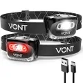 Vont LED Headlamp [Batteries Included, 2 Pack] IPX5 Waterproof, with Red Light, 7 Modes, Head Lamp, for Running, Camping, Hiking, Fishing, Jogging, Headlight for Adults & Kids, Red (Rechargeable)