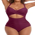 Eomenie Women's One Piece Swimsuit Wrap Cutout Tummy Control High Waisted Back Tie Knot Bathing Suit, Wine Red, X-Large