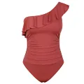 Hilor Women's One Piece Swimsuits One Shoulder Swimwear Asymmetric Ruffle Monokinis Bathing Suits, Cinnabar, 16