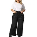 Agnes Orinda Plus Size Women's Jeans Wide Leg Stretch Jean Washed Denim Palazzo Pants 2023 Spring/Summer, Black, 3X