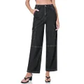 PLONTME Women's High Waisted Cargo Jeans Baggy Wide Leg Denim Pants with Flap Pockets, Black, X-Large