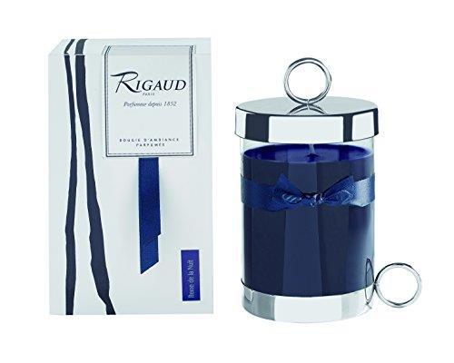 Rigaud Paris, Reine de la Nuit Bougie D'ambiance Parfumee, Large Candle"Modele Complet" w/Metal Silver Snuffer and Metal Silver Base, Dark Blue, 5.5" Tall, 90 Hours, Made in France
