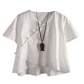 Minibee Women's Linen Retro Chinese Frog Button Tops Blouse White XL