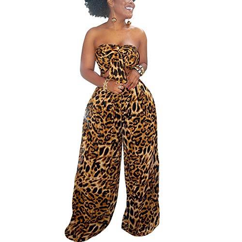 WOOSEN Women's Sleeveless Tie Front Knot Crop Tops Wide Leg Pants Set Polka Dot Leopard Print 2 Piece Outfits Brown