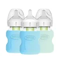 Dr. Brown’s Natural Flow® Anti-Colic Options+™ Wide-Neck Glass Baby Bottles 5 oz/150 mL, with Level 1 Slow Flow, 3 Pack with Blue & Mint 100% Silicone Sleeves, 0m+