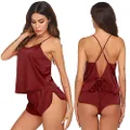 Ekouaer Sleepwear Womens Sexy Pajamas Set Silk Lingerie 2 Piece Satin Cami Shorts Set Wife Gift Dark Red