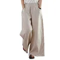 Les umes Women's Casual Wide Leg Long Pants High Waist Drawsting Loose Palazzo Pants Cotton Linen Beach Trousers, Beige, 8-10