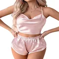 LYANER Women's Silky Satin Pajamas Set Cami Crop Top with Shorts Lingerie Sleepwear PJ Set, Pink, X-Large