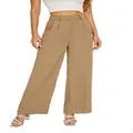 FUNYYZO Women's Wide Leg Pants High Elastic Waisted in The Back Business Work Trousers Long Straight Suit Pants, 006# Khaki (Thin), X-Large Long