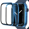 EWUONU [2 Pack Tempered Glass Screen Protector for Apple Watch Series 9 Series 8/7 45mm, Metal Frame Full Coverage Waterproof Bubble-Free Anti-Scratch HD Clear Film for iWatch 9/8/7 45mm,Blue