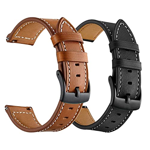 BIGTANG for Garmin Vivoactive 3 Watch Band/Forerunner 645 Band, 20mm Genuine Leather Bands for Samsung Galaxy Watch 4 40mm/44mm,Galaxy Watch 4 Classic 46mm/42mm, Galaxy Watch Active 2 40mm/44mm-2Pack