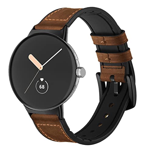 Abanen Leather Bands for Google Pixel Watch, Genuine Leather Hybrid Silicone Sweatproof Wristband Strap with Stainless Steel Clasp (Brown)