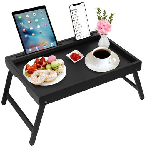 Bed Tray Table with Handles Folding Legs Bamboo Breakfast Food Tray with Media Slot,Foldable Platter Tray,Laptop Desk,Snack,TV Tray Kitchen Serving Tray (Black)