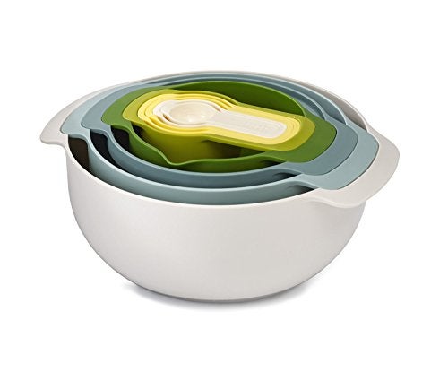 Joseph Joseph 40085 Nest 9 Compact Nesting Mixing Bowl Set Measuring Tools Sieve Colander 9-Piece, Blue