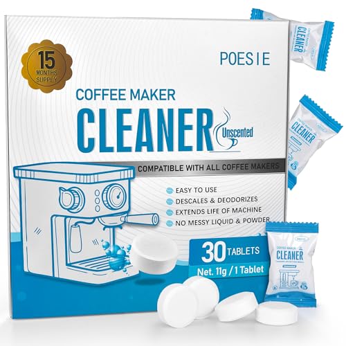 Poesie 30 Count Coffee Machine Cleaning Tablets Cleaner Descaler for Coffee Maker Pot, Compatible with All Coffee Machine, Descaling & Cleaning Tabs for Drip Coffe and Espresso