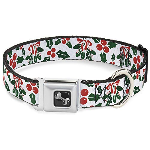 Dog Collar Seatbelt Buckle Holly Mistletoe 16 to 23 Inches 1.5 Inch Wide