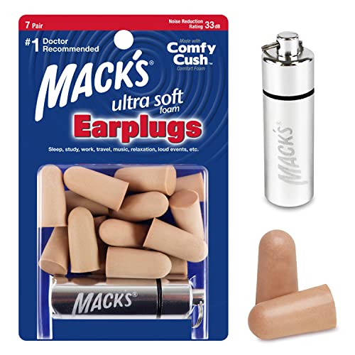 Mack’s Ultra Soft Foam Earplugs, 7 Pair + Case – 32 dB Highest NRR, Comfortable Ear Plugs for Sleeping, Snoring, Travel, Concerts, Studying and Noise
