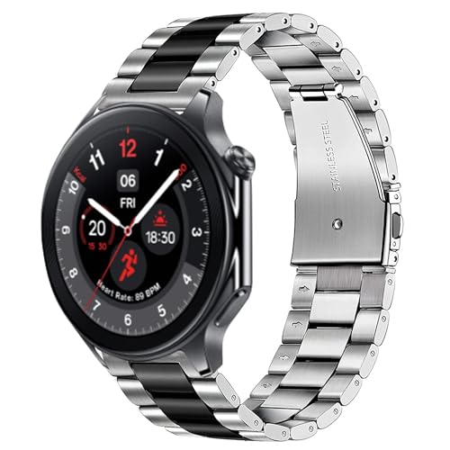 Lamshaw Compatible for OnePlus Watch 2R Band, Quick Release Stainless Steel Metal Replacement Straps Compatible for OnePlus Watch 2, 2R, 1 Smartwatch (Silver-Black)