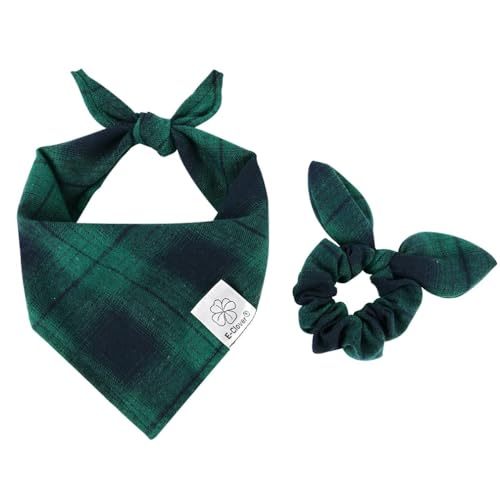 E-Clover Christmas Dog Bandanas Boy & Matching Scrunchie Set Plaid Dog Bibs Scarf Triangle Kerchief Bandana for Medium Large Dogs Birthday Gifts Pet Owner Mom Green