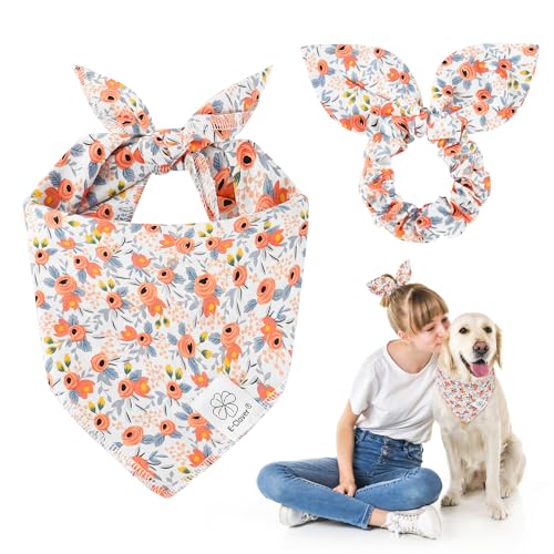 Dog Bandanas & Matching Scrunchie Set Flower Dog Scarf Bibs Girl Pet Bandana with Bow Tie for Medium Large Dogs Owner Mom