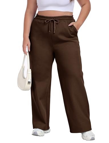 Cheapestbuy Women's Plus Size Wide Leg Sweatpants Stretchy Baggy Sweat Pants Loose Active Pants with Pockets, Brown, 2X