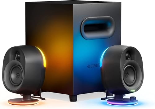 SteelSeries Arena 7-2.1 Gaming Speakers, 2-Way Speaker Design, Powerful Bass, Subwoofer, Reactive RGB Lighting - USB, Aux, Optical, Wired - Bluetooth - PC, Playstation, Mobile, Mac,Black