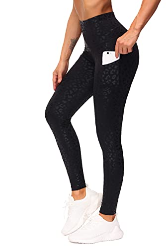 THE GYM PEOPLE Thick High Waist Yoga Pants with Pockets, Tummy Control Workout Running Yoga Leggings for Women, Black Leopard, XX-Large