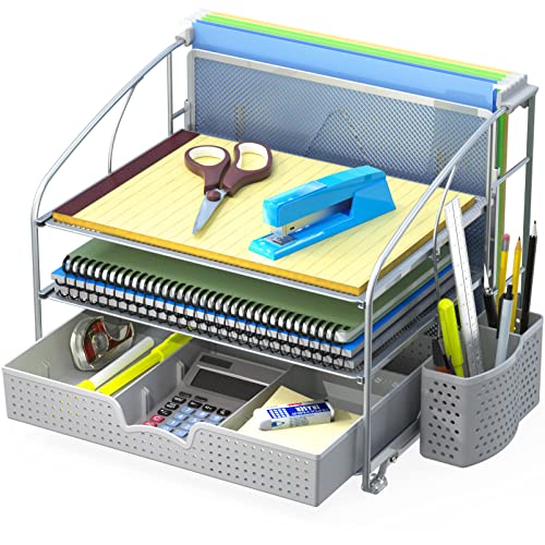 Simple Houseware Desk Organizer 3 Tray w/Sliding Drawer, Hanging File Holder and Pen Holder Accessory, Silver