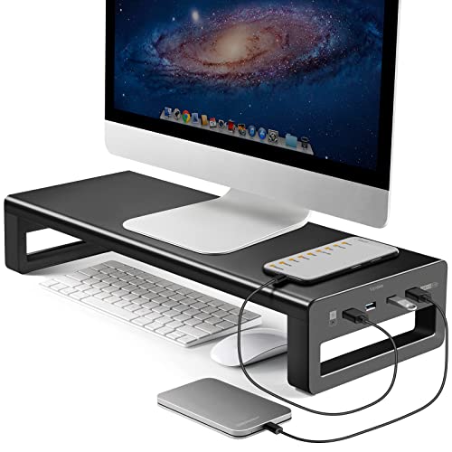 Vaydeer USB 3.0 Aluminum Monitor Stand Metal Riser Support Transfer Data,Keyboard and Mouse Storage Desk Organizer for Laptop,Computer,Notebook,MacBook(Monitor Size Up to 27 inches)(Black)