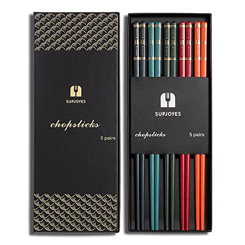 SUPJOYES Fiberglass (5 Pairs) - Colorful Chinese Chopsticks Set, Dishwasher Safe, Blessing Design, Food-safe, BPA-Free, Heat-resistant, Non-slip