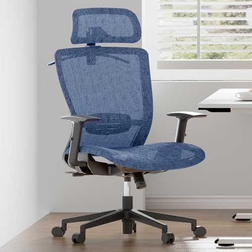 FlexiSpot Ergonomic Office Chair Executive Mesh Swivel Computer Chair with Height Adjustable Headrest Armrests Blue Desk Chair with Lumbar Support for Home Office