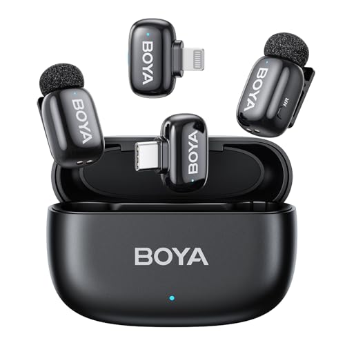 Boya Mini-12 Lapel Android/iOS Wireless Microphone, Black, USB-C and Lightning Connector, Perfect for Recording and Live Streaming, Professional Audio, Compact Design