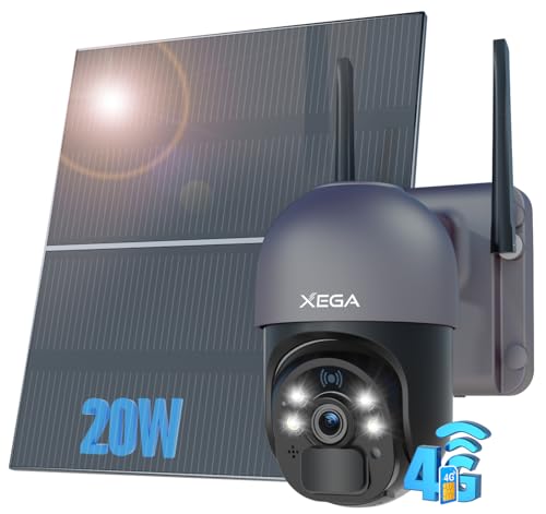 Xega Outdoor 4G SIM Camera, 20 W Solar Panel, 20,000 mAh Battery Continuous Recording 24/7 2 K 4G SIM Card Wireless Cameras, Night Vision, Motion Detection (Without WiFi)