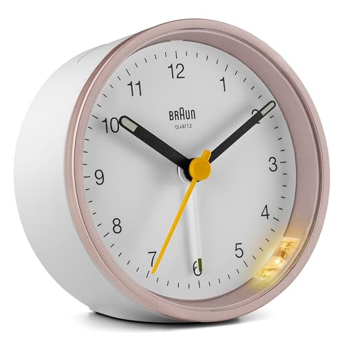 Braun BC12PW Classic Analogue Alarm Clock with Snooze and Light Function, Quiet Quartz Movement, Crescendo Alarm in White and Rose