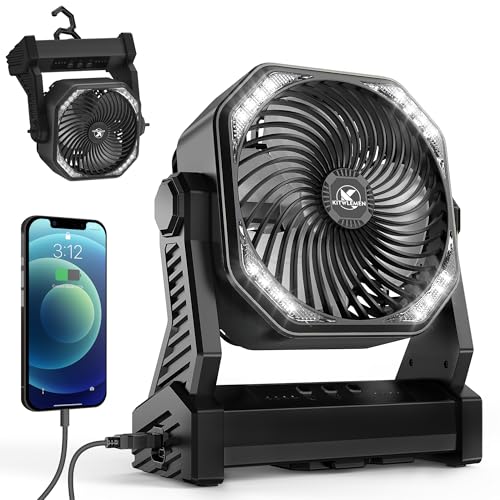 Camping Fan with LED Lantern, 20000mAh Rechargeable Battery Operated Outdoor Tent Fan with Light & Hook, 270° Pivot, 4 Speeds, USB Desk Fan for Camping, Fishing, Power Outage, Hurricane, Jobsite