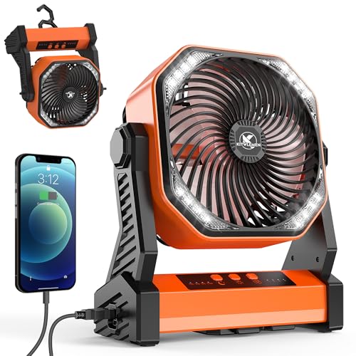 Camping Fan with LED Lantern, 20000mAh Rechargeable Battery Operated Outdoor Tent Fan with Light & Hook, 270° Pivot, 4 Speeds, USB Desk Fan for Camping, Fishing, Power Outage, Hurricane, Jobsite