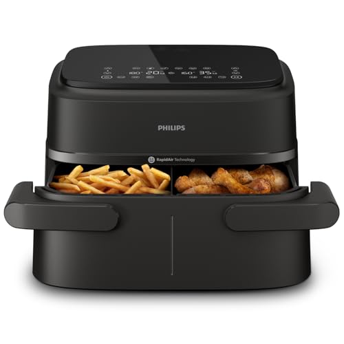 Philips 1000 Series NA150/09 – Airfryer, Dual Basket, Compact, 2-in-1 Design, 7.1L Capacity, RapidAir Technology, Up to 90% Less Fat, 2450W, Digital Timer, Black
