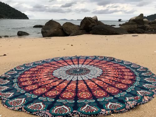 raajsee Blue Orange Mandala Round Beach Tapestry Hippie/Boho Mandala Beach Blanket Roundie/Indian Cotton Throw Bohemian Round Table Cloth/Home Decor/Yoga Mat Meditation Picnic Rugs 69 inch Circle