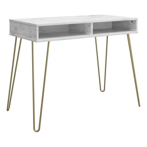 Novogratz Athena Computer Desk with Storage, White Faux Marble