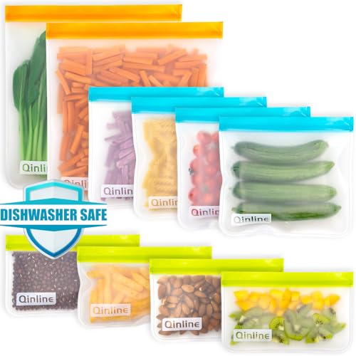 Reusable Food Storage Bags - 10 Pack BPA FREE Flat Freezer Bags(2 Reusable Gallon Bags + 4 Leakproof Reusable Sandwich Bags + 4 Food Grade Kids Snack Bags) Resealable Lunch Bag for Meat Fruit Veggies