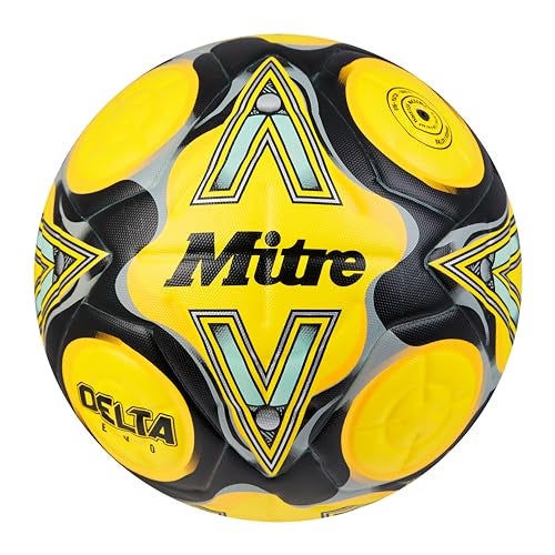 Mitre Delta Football | Very Durable | Improved Accuracy and Consistency, Yellow/Black/Grey (Fluo Yellow/Black/Circle Grey), 5