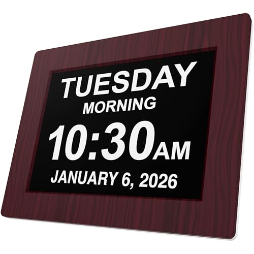American Lifetime, Upgraded Version, Day Clock Extra Large Impaired Vision Digital Clock with Battery Backup and 5 Alarm Options, Premium Mahogany Color, 8 inch