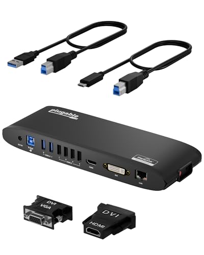Plugable USB 3.0 Universal Docking Station for Windows, macOS, ChromeOS (Dual HDMI Monitors or DVI/VGA, Gigabit Ethernet, Audio, 6 USB Ports)