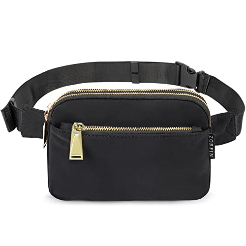 ZORFIN Fanny Packs for Women Men, Belt Bag with 4 Zipper Pockets, Fashion Waist Packs, Lightweight Crossbody Bags with Adjustable Strap for Workout/Running/Hiking, Black, One Size, Fashion