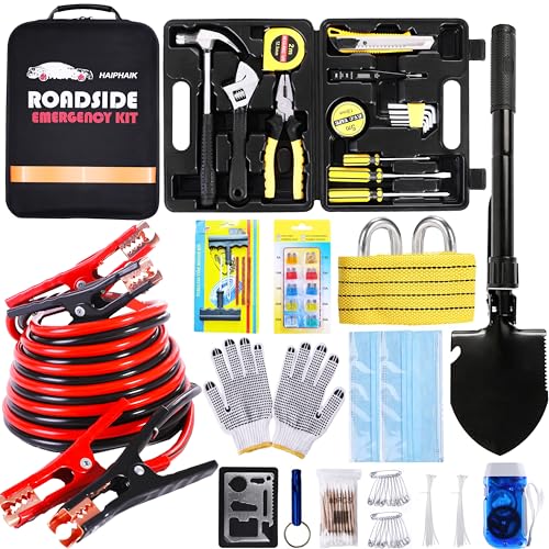 HAIPHAIK Car Emergency Roadside Kit - Auto Vehicle Safety Road Side Assistance Kits Jumper Cables Set 11.8 Foot (Upgrade) 124 PCS Emergency Car Kits Car Tool Kit,Tow Strap, Folding Survival Shovel